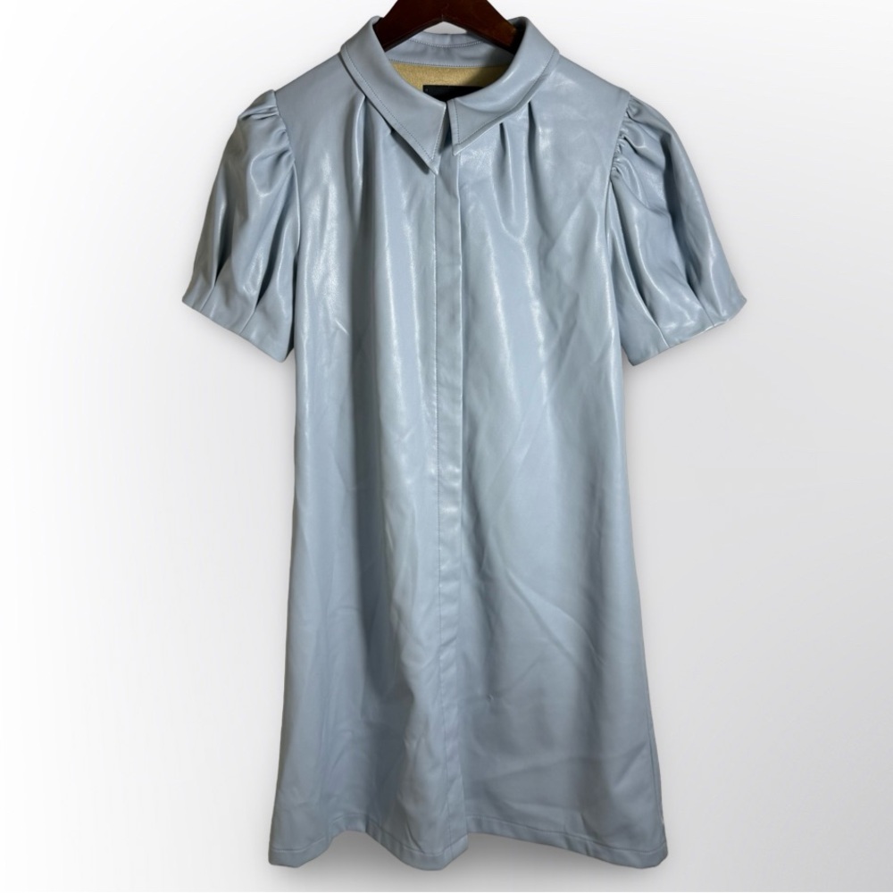 Dolce Cabo Powder Blue Faux Leather Dress Women’s Small Puff Sleeve Shift